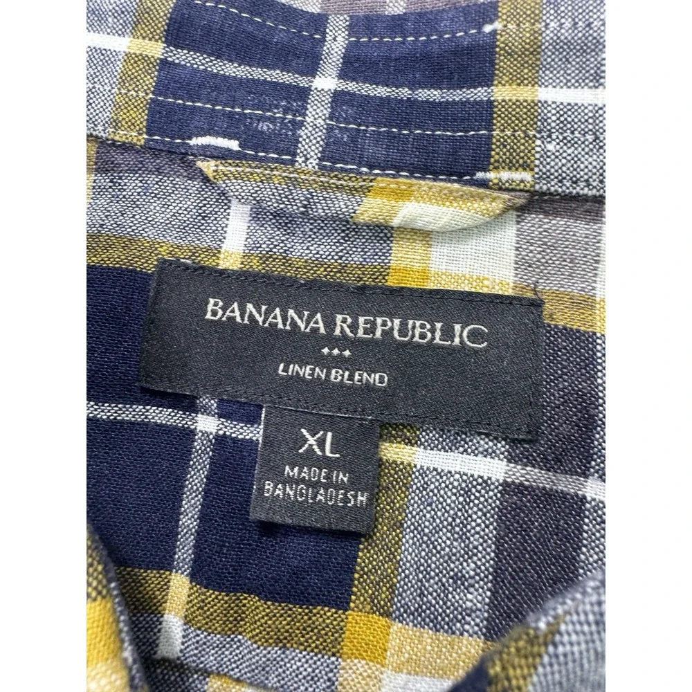 Banana Republic Men's XL Linen Blend Button Shirt Blue Yellow Plaid Lightweight